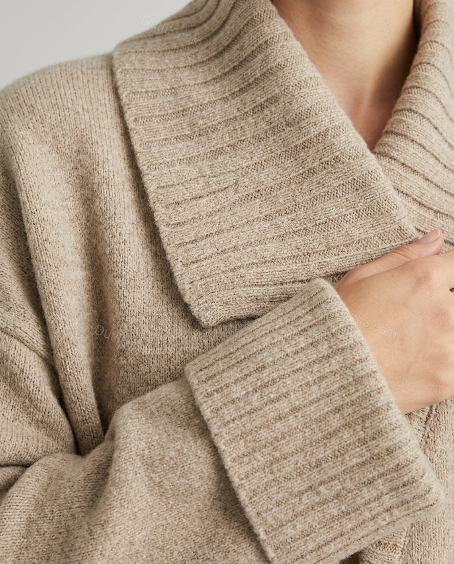 Warm Oatmeal Beige Knit Ribbed Cardigan, close-up of ribbed cuffs, ribbed hem and open front, by Dutti3