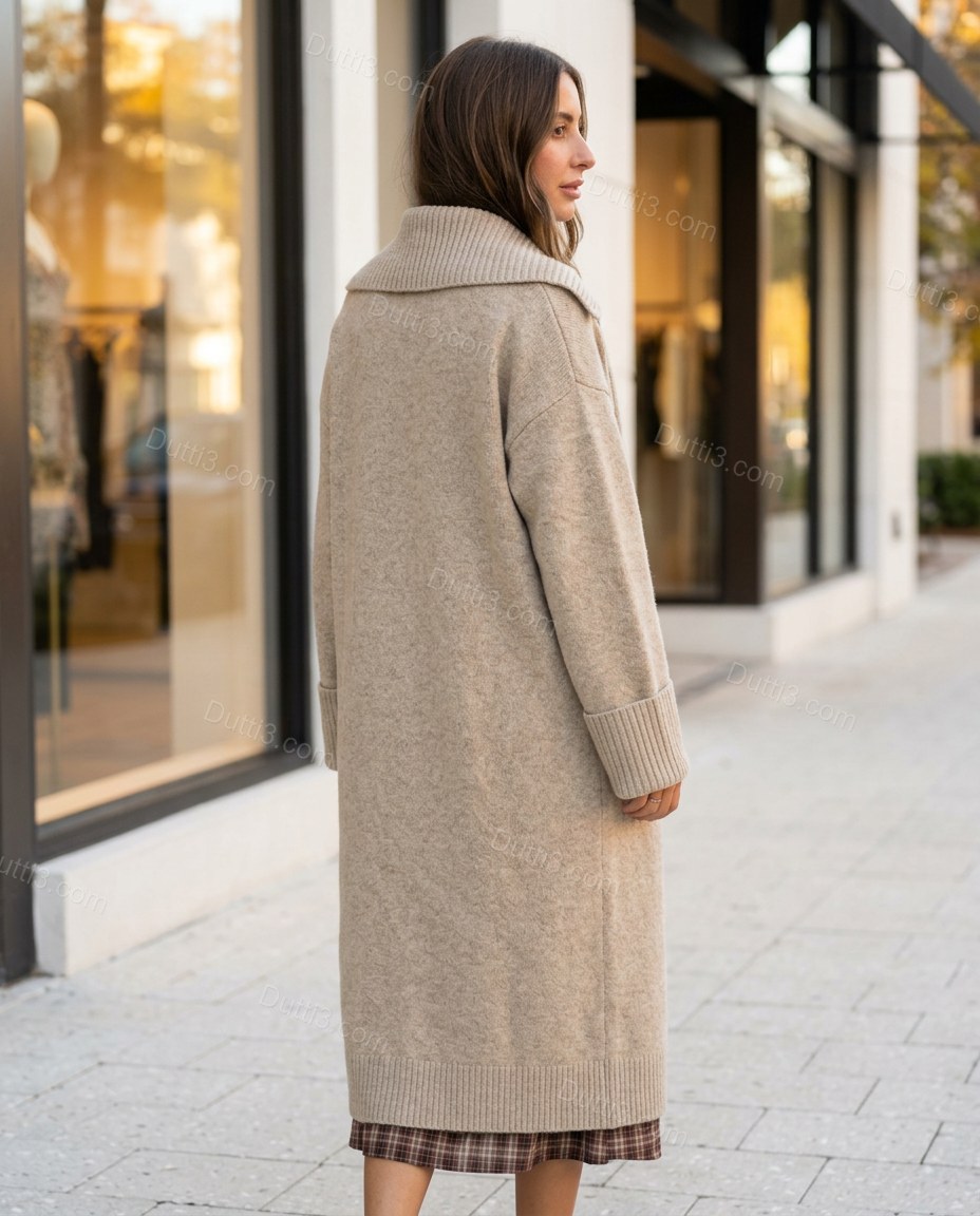 Warm Oatmeal Beige Knit Ribbed Cardigan, three-quarter brand lifestyle view, by Dutti3