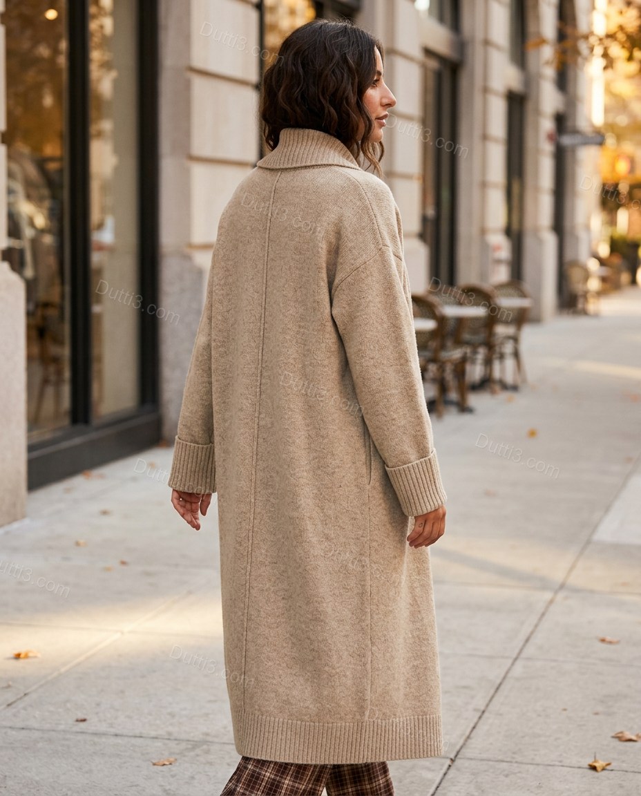 Warm Oatmeal Beige Knit Ribbed Cardigan, walking lifestyle view, by Dutti3