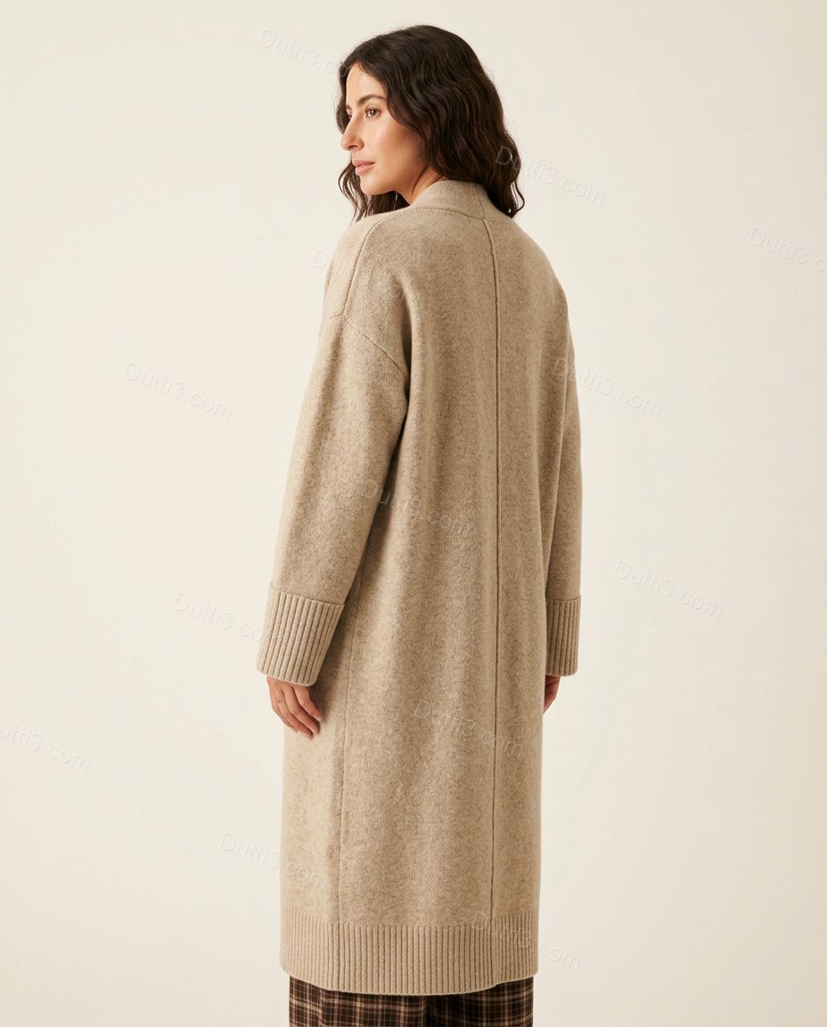 Warm Oatmeal Beige Knit Ribbed Cardigan, back studio view, by Dutti3