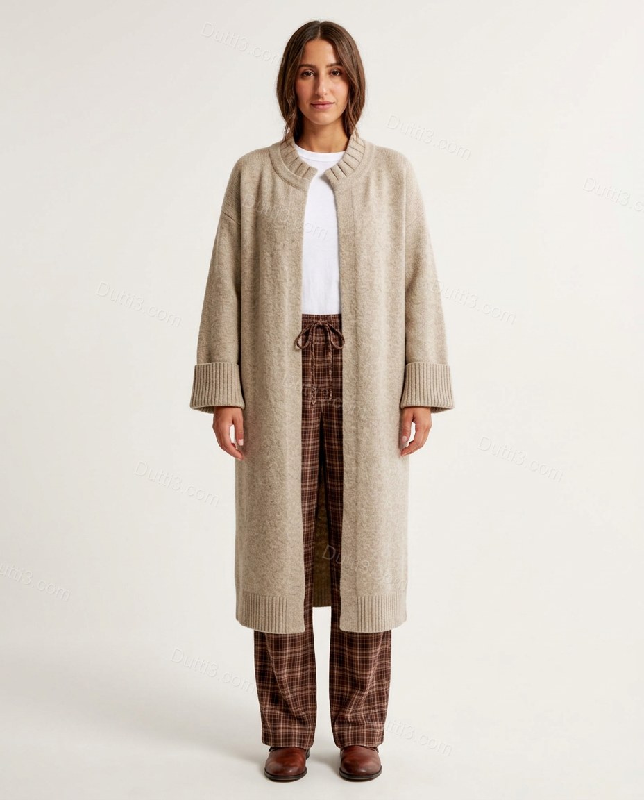 Warm Oatmeal Beige Knit Ribbed Cardigan, front studio view, by Dutti3