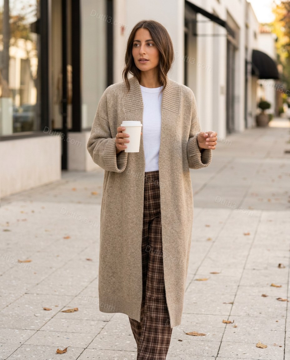 Warm Oatmeal Beige Knit Ribbed Cardigan, movement and fit lifestyle view, by Dutti3