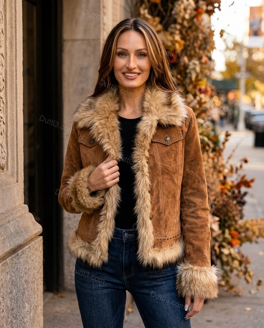 Brown Faux-Fur Jacket, full-length hero view, by Dutti3