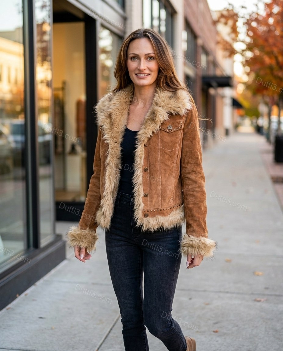 Brown Faux-Fur Jacket, walking lifestyle view, by Dutti3