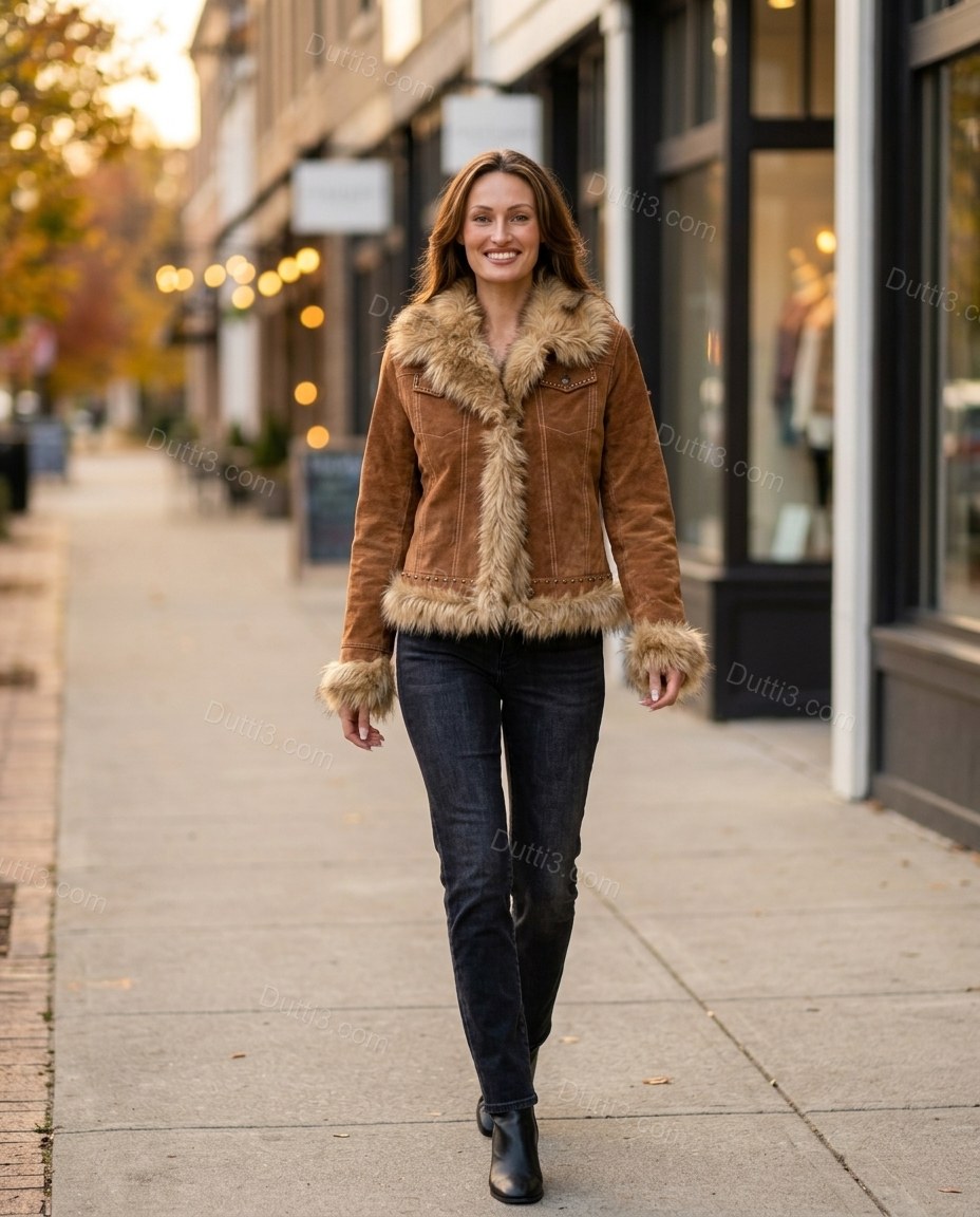 Brown Faux-Fur Jacket, movement and fit lifestyle view, by Dutti3