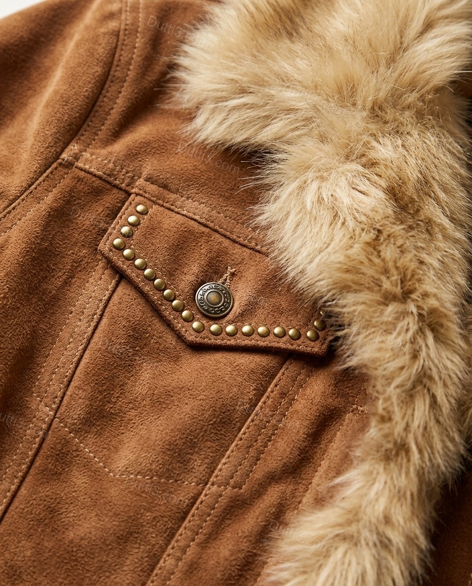 Brown Faux-Fur Jacket, close-up of tan accents, faux fur trim and studded details, by Dutti3