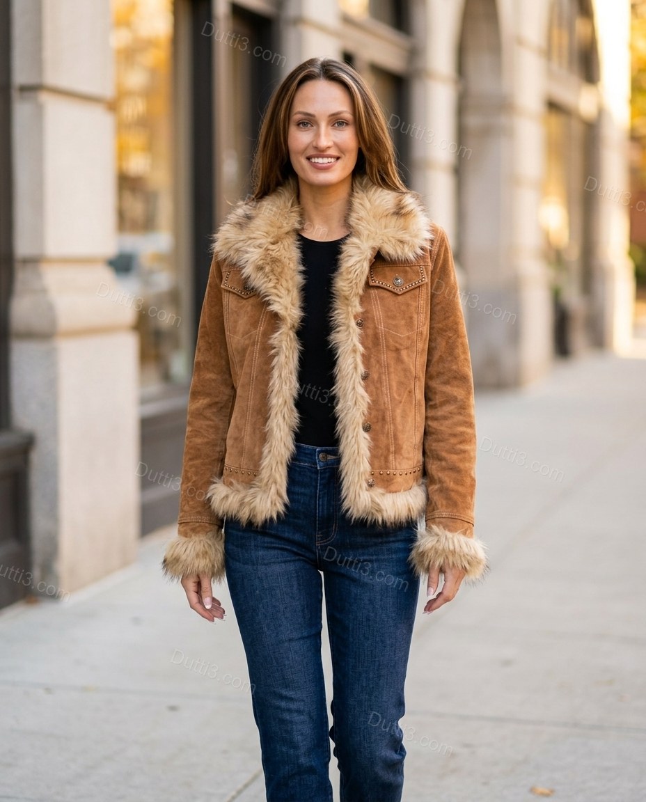 Brown Faux-Fur Jacket, three-quarter brand lifestyle view, by Dutti3