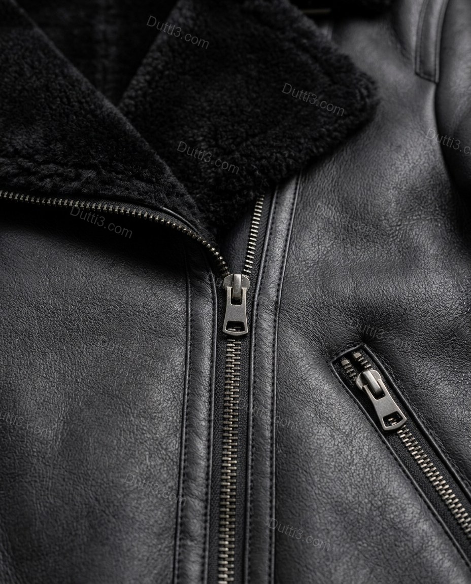Black Jacket, close-up of cream accents, front zipper closure and zipper pockets, by Dutti3