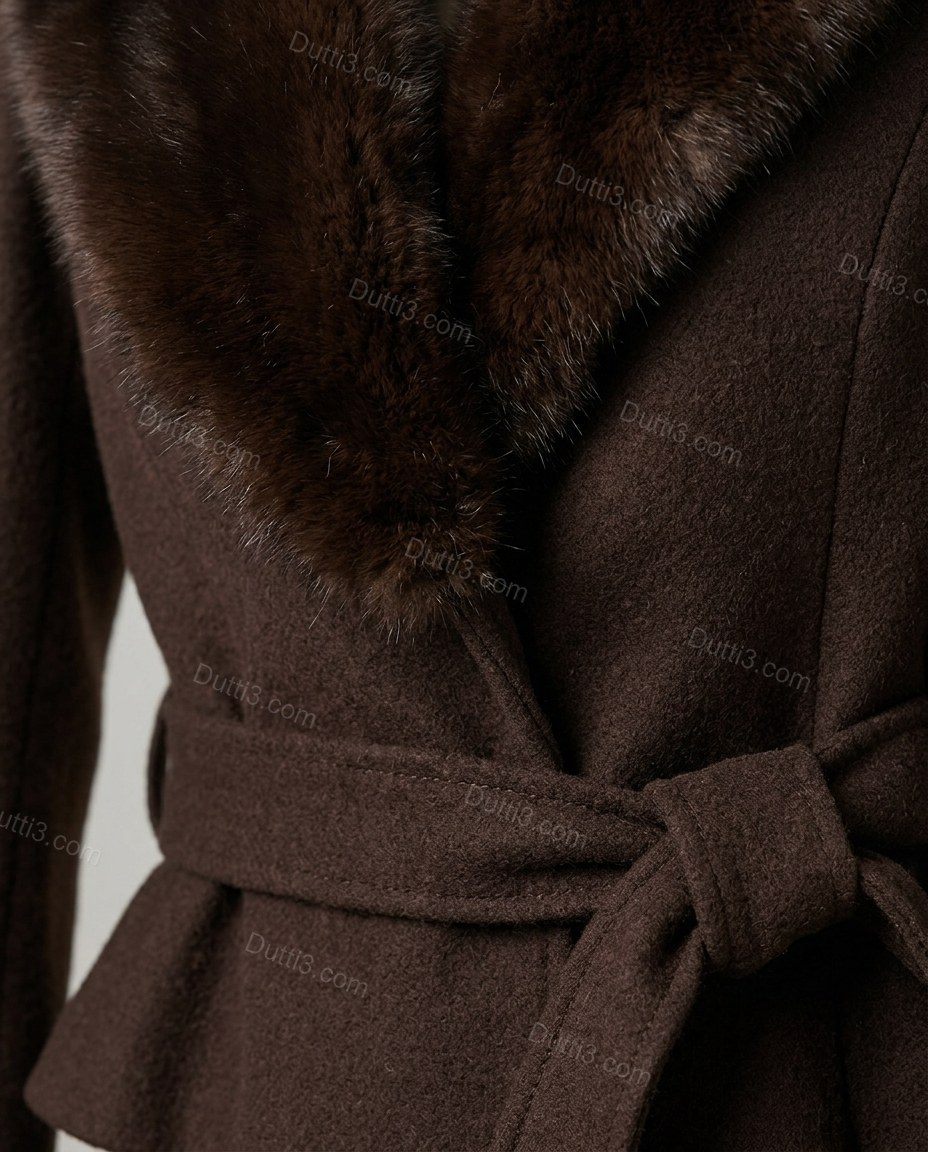 Dark Brown Jacket, close-up of fur collar, self-tie belt and wrap front, by Dutti3