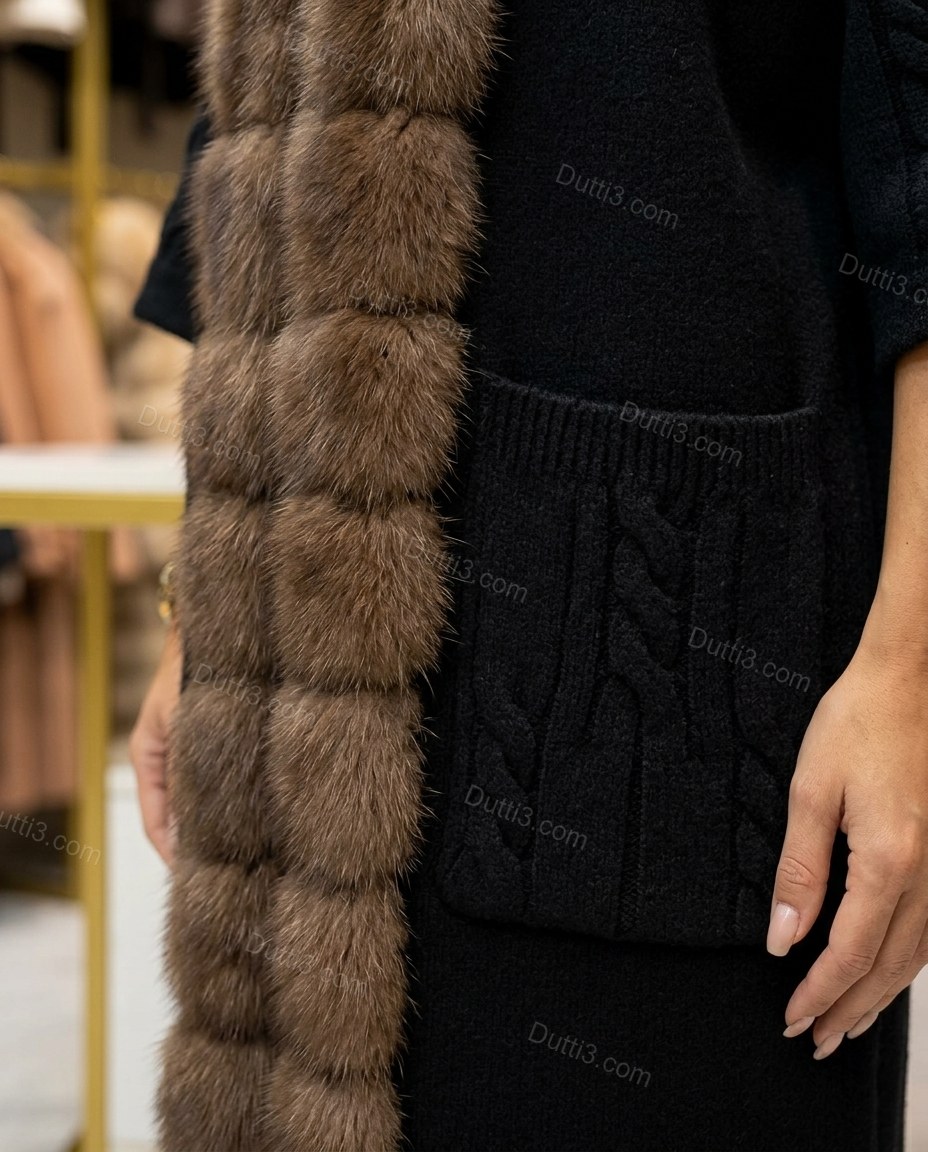 Long Plush-Trim Coat With Cable-Knit Details by Dutti3