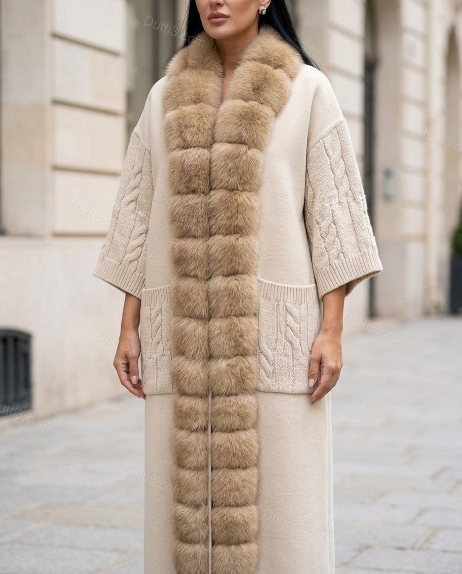Long Plush-Trim Coat With Cable-Knit Details by Dutti3