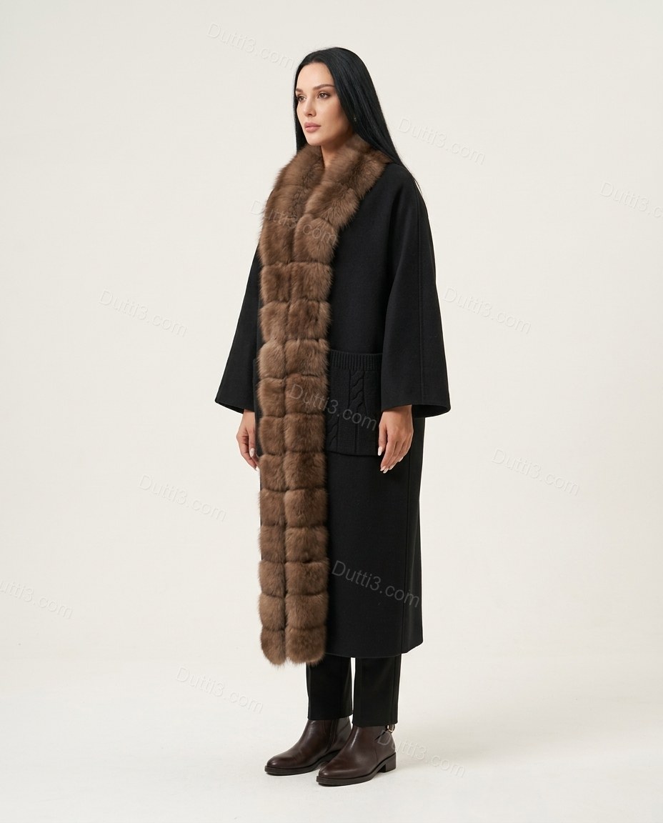 Long Plush-Trim Coat With Cable-Knit Details by Dutti3