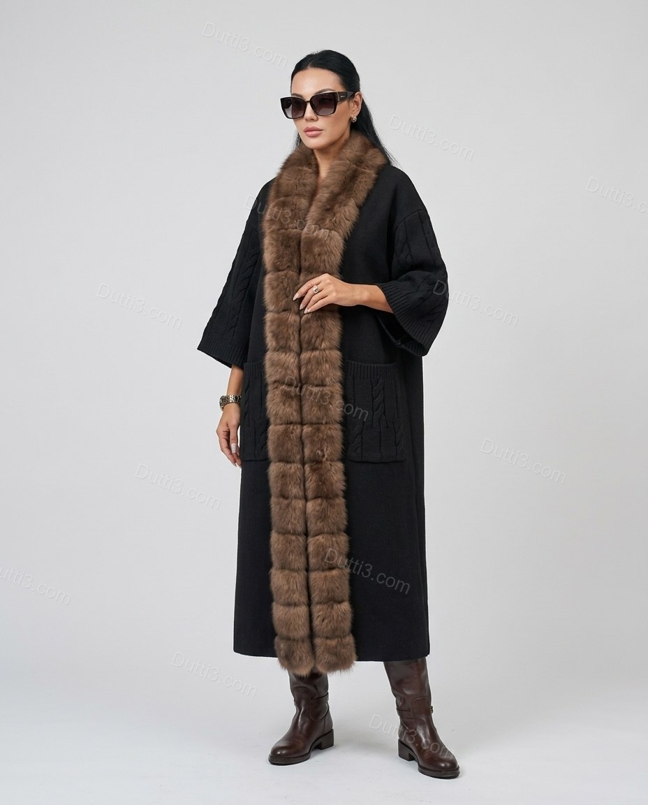 Long Plush-Trim Coat With Cable-Knit Details by Dutti3