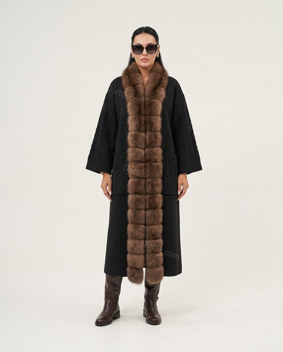 Long Plush-Trim Coat With Cable-Knit Details by Dutti3