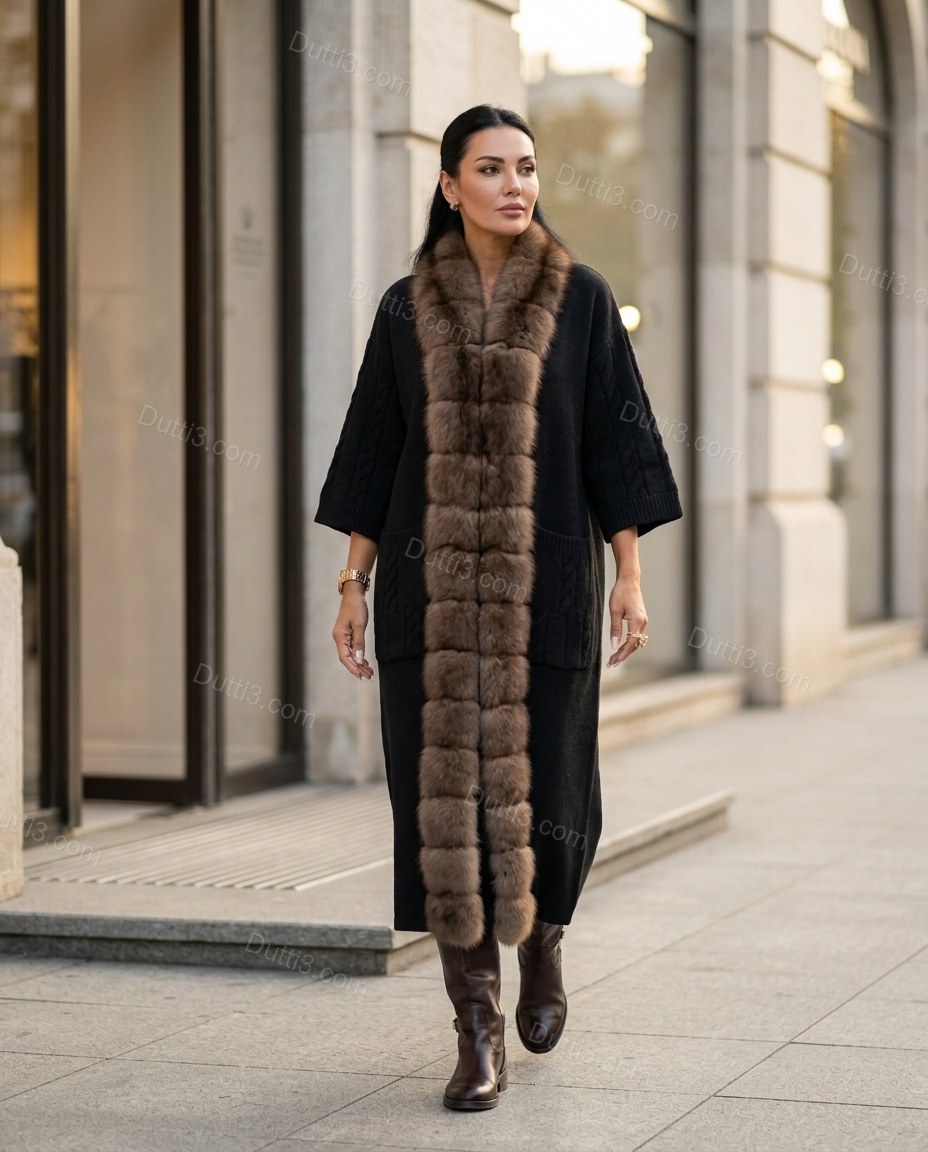 Long Plush-Trim Coat With Cable-Knit Details by Dutti3