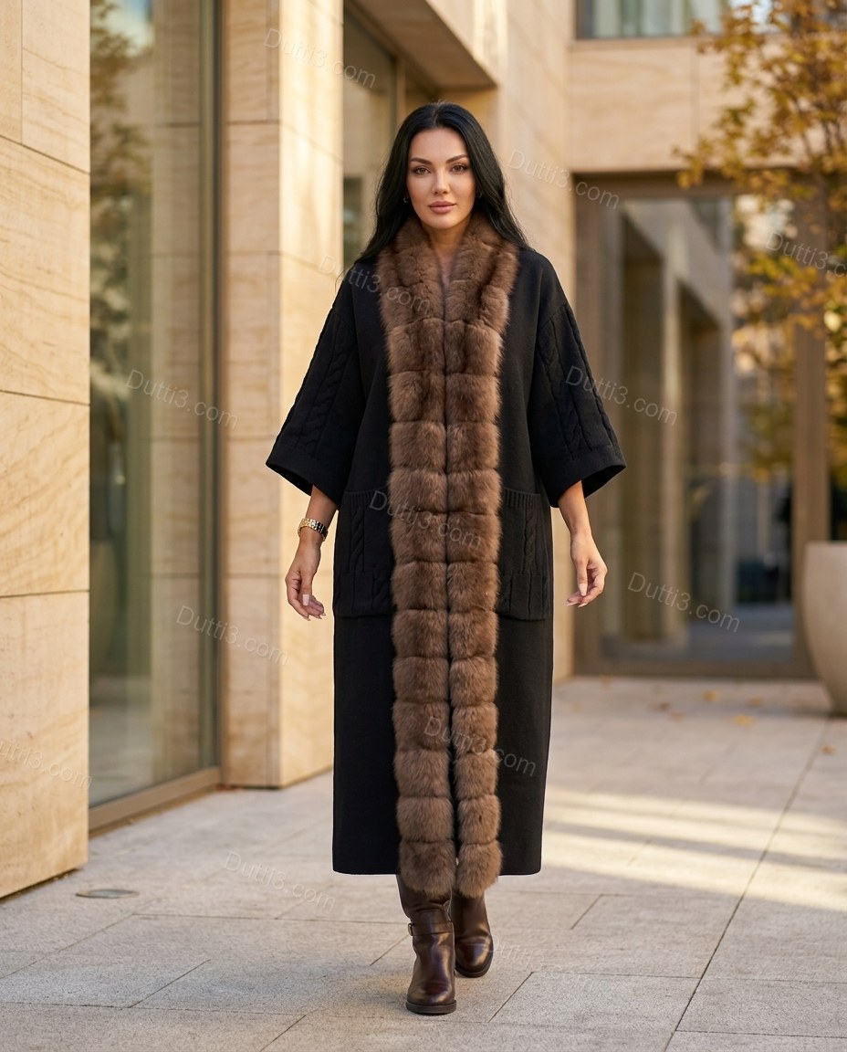 Long Plush-Trim Coat With Cable-Knit Details by Dutti3