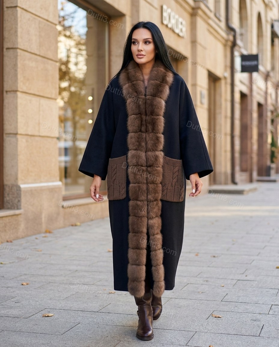 Long Plush-Trim Coat With Cable-Knit Details by Dutti3
