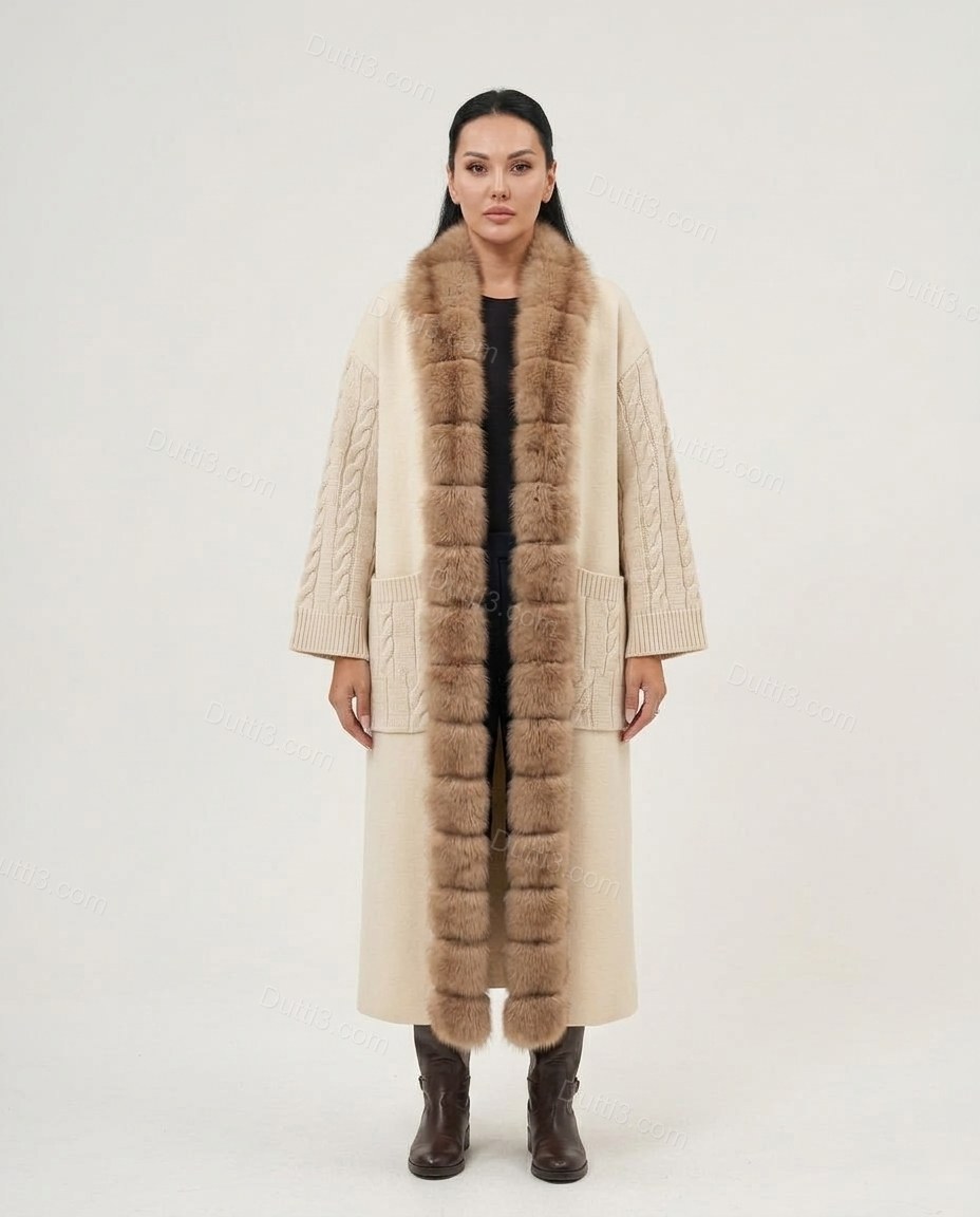Long Plush-Trim Coat With Cable-Knit Details by Dutti3