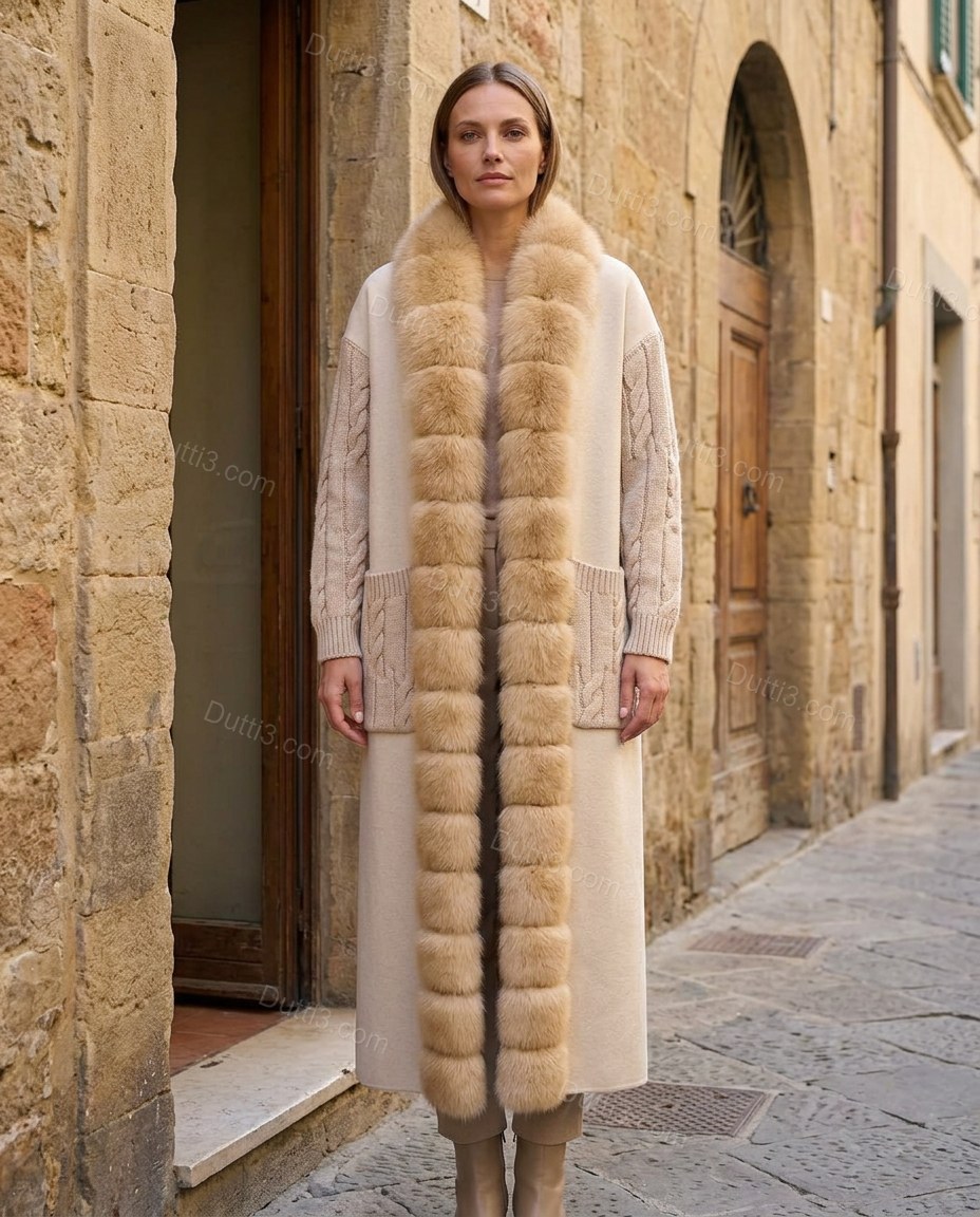 Long Plush-Trim Coat With Cable-Knit Details by Dutti3