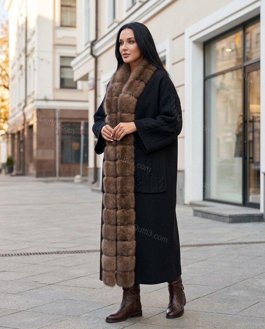 Long Plush-Trim Coat With Cable-Knit Details by Dutti3