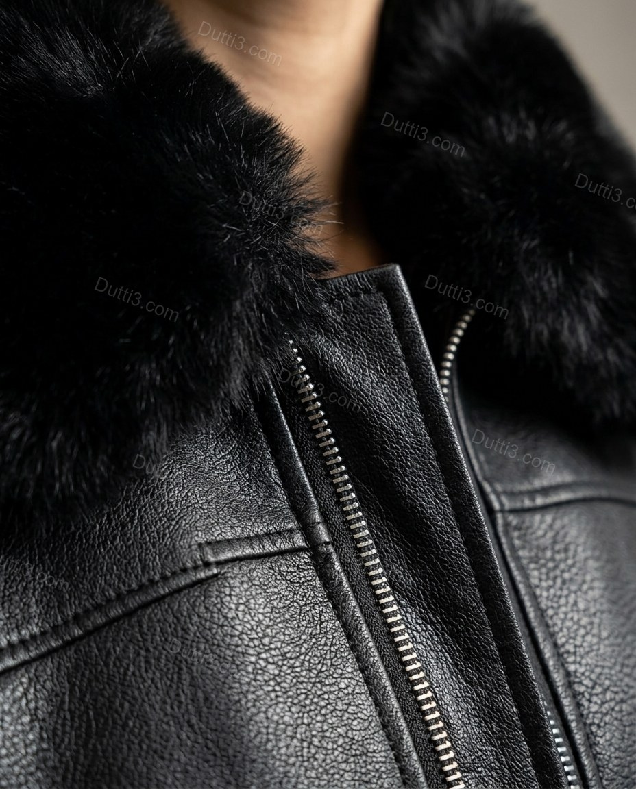 Black Jacket, close-up of fur collar, front zipper closure and elasticized cuffs, by Dutti3