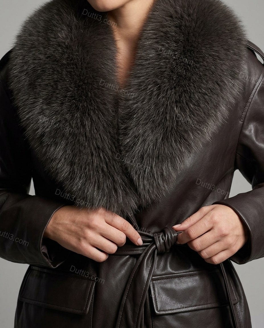 Dark Brown Jacket, close-up of gray accents, fur collar and tie-belt, by Dutti3