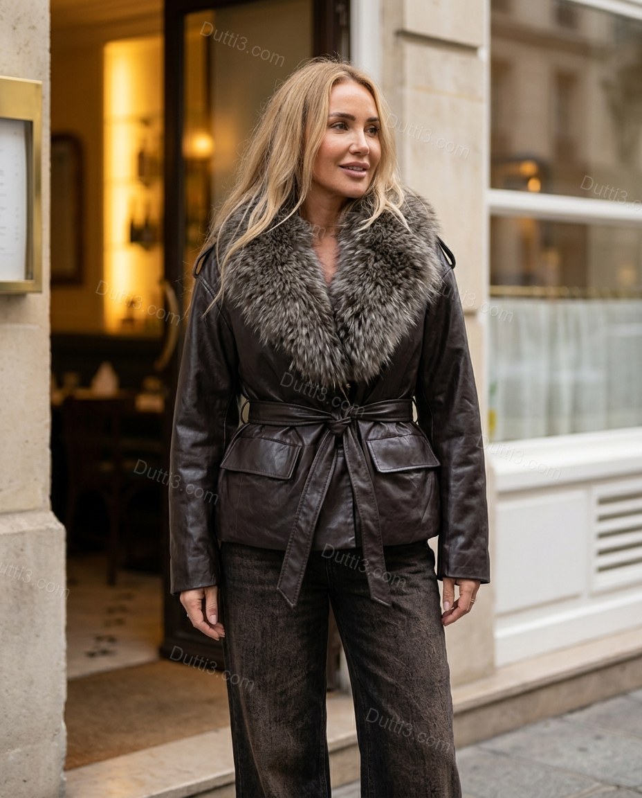 Dark Brown Jacket, movement and fit lifestyle view, by Dutti3