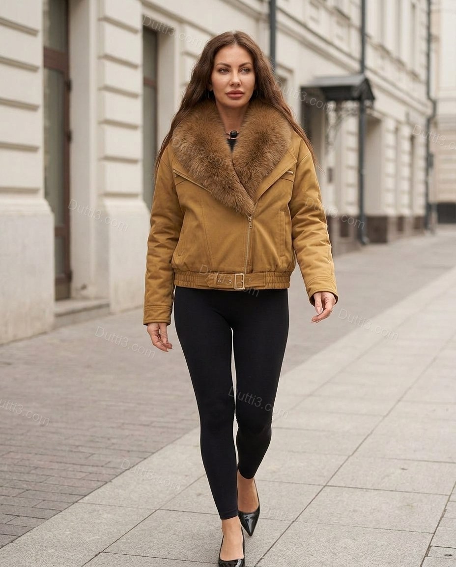 Brown Asymmetric Jacket, three-quarter brand lifestyle view, by Dutti3