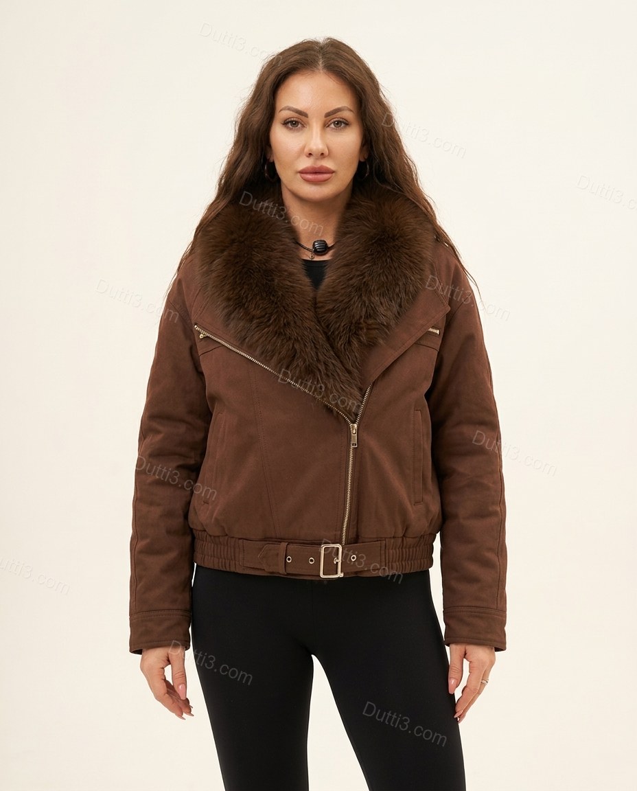 Brown Asymmetric Jacket, front studio view, by Dutti3