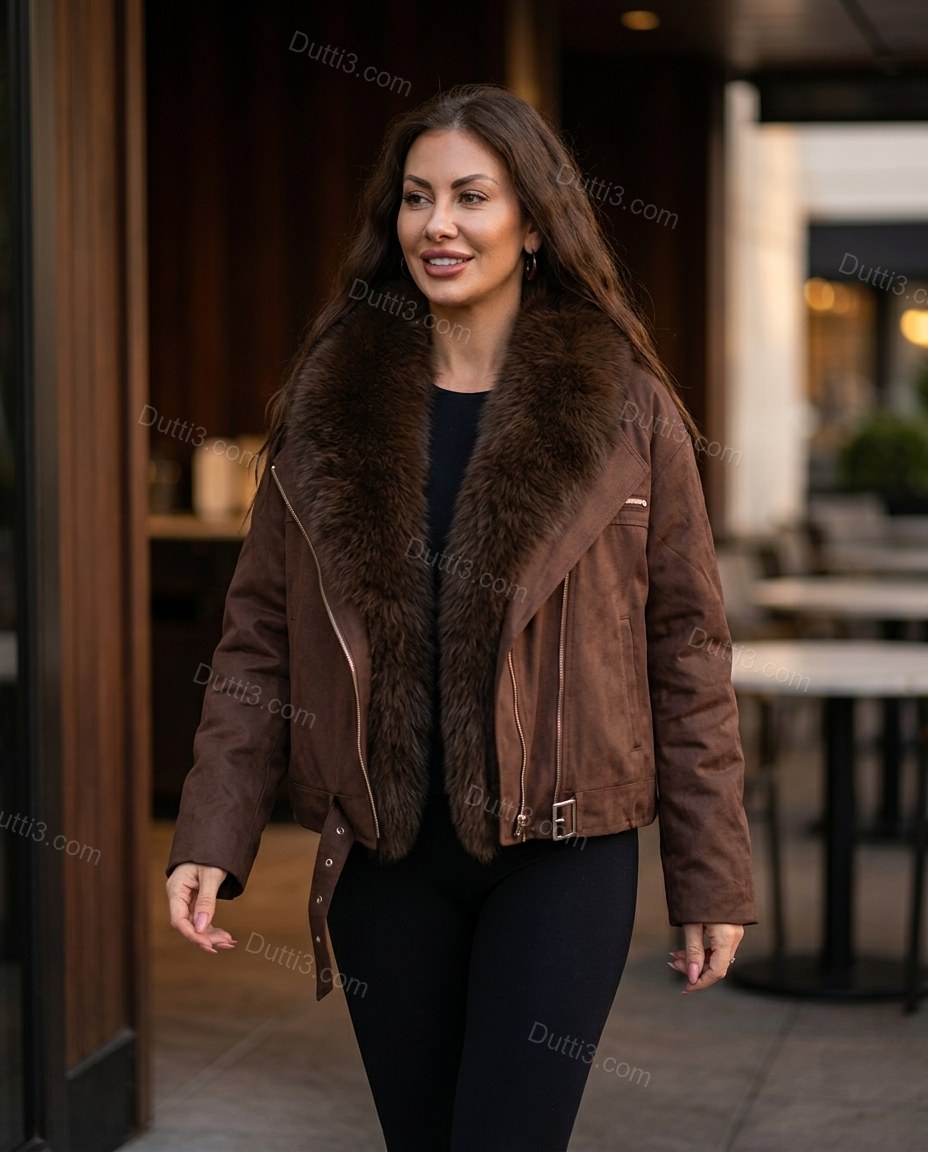 Brown Asymmetric Jacket, movement and fit lifestyle view, by Dutti3