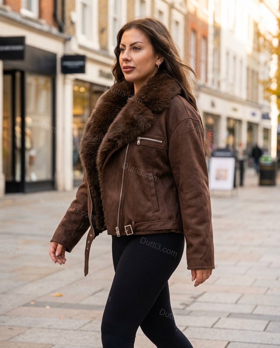 Brown Asymmetric Jacket, walking lifestyle view, by Dutti3