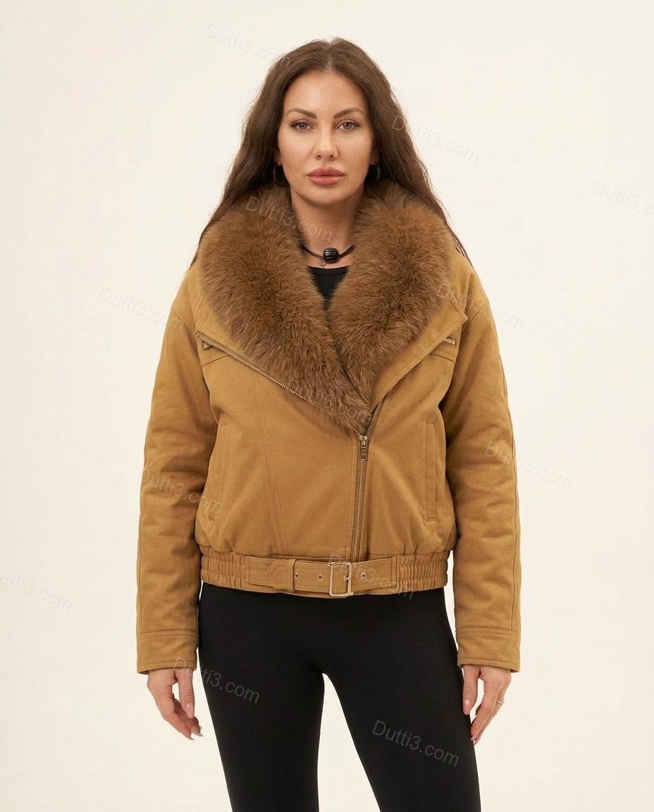 Brown Asymmetric Jacket, close-up of dark brown and silver accents, asymmetrical zip closure and fur trim collar, by Dutti3