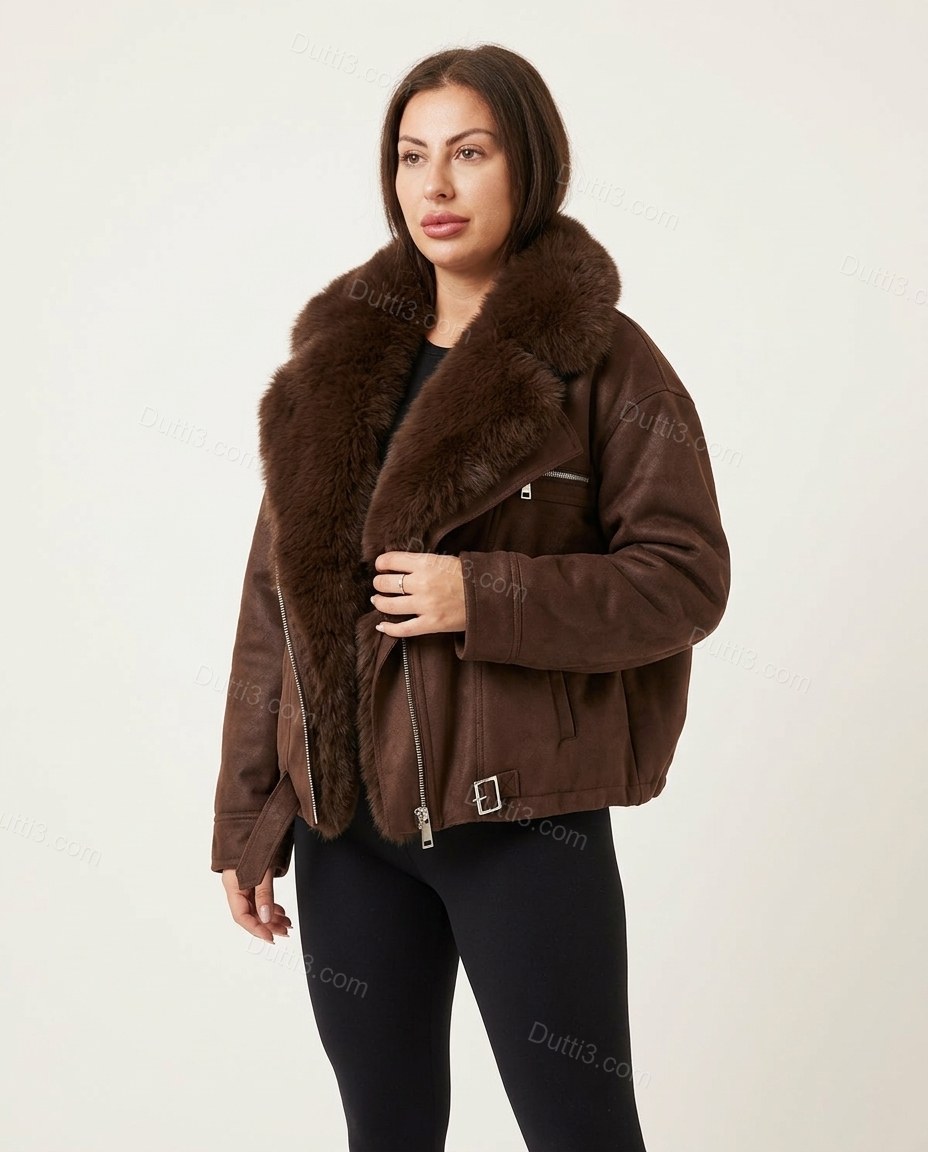 Brown Asymmetric Jacket, side and back studio view, by Dutti3