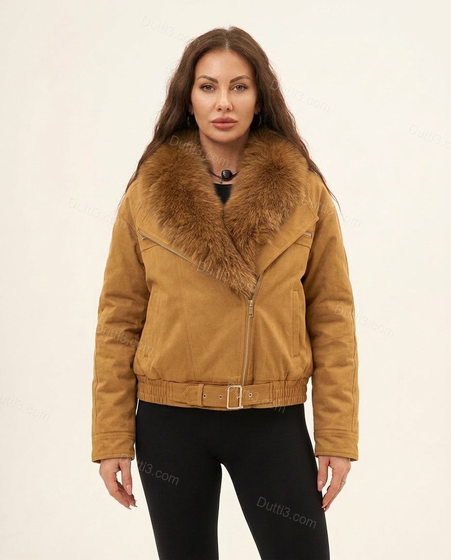 Brown Asymmetric Jacket, full-length hero view, by Dutti3