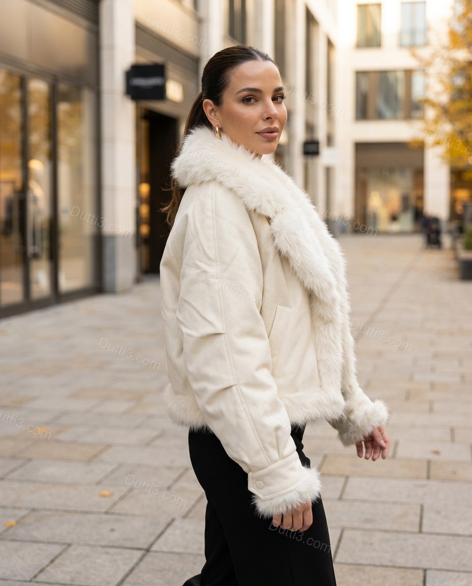 Ivory White Faux-Fur Jacket, movement and fit lifestyle view, by Dutti3