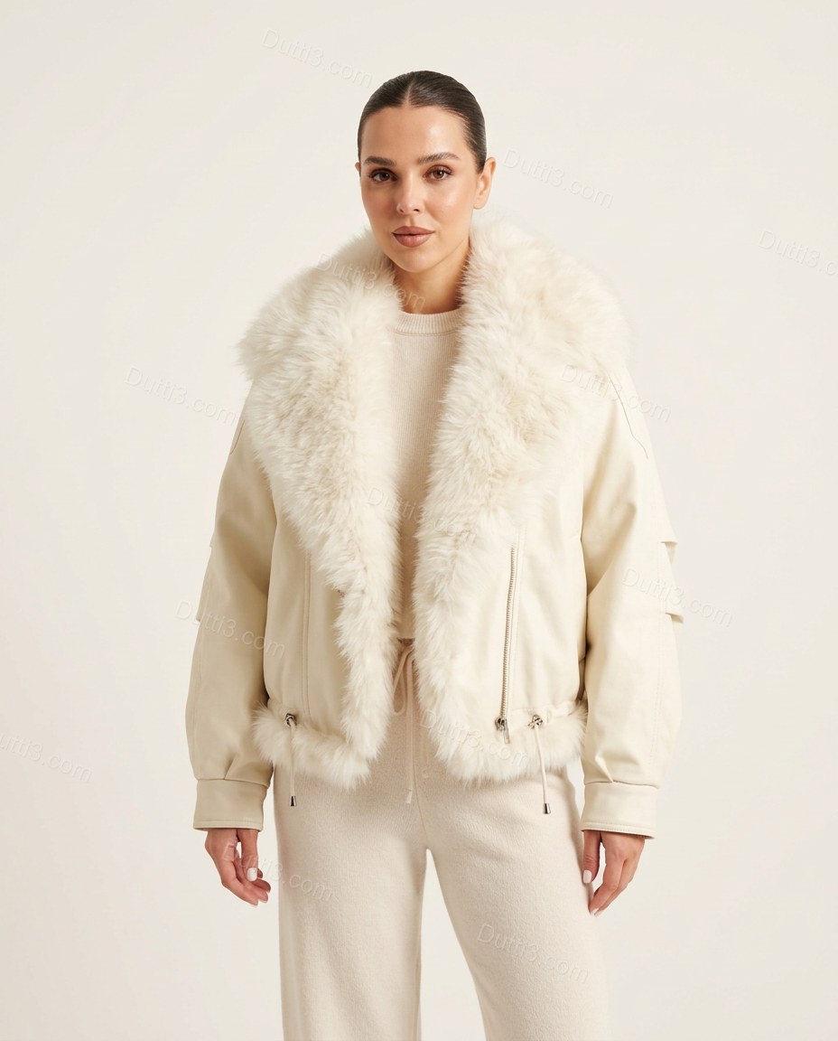 Ivory White Faux-Fur Jacket, front studio view, by Dutti3