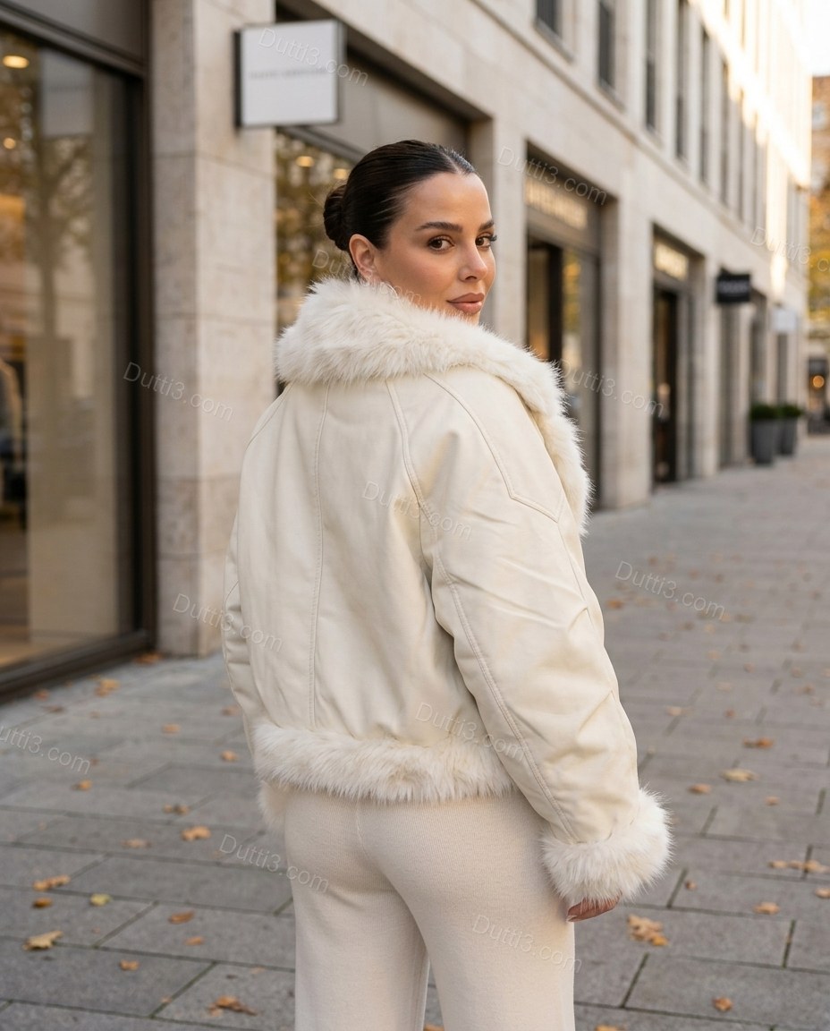 Ivory White Faux-Fur Jacket, walking lifestyle view, by Dutti3