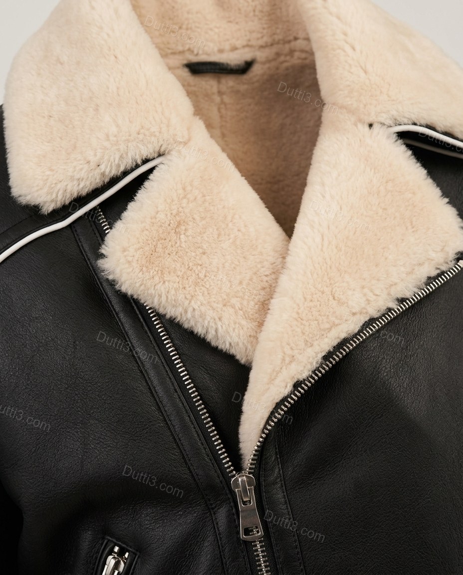 Black City-Ready Fur-Trim Cropped Jacket Black Jacket with Asymmetric silhouette and Structured texture, additional styling view for City Layering, a transitional city plan, Fall autumn city plans, dinner reservations, and weekend events, Euro Chic Premiu by Dutti3