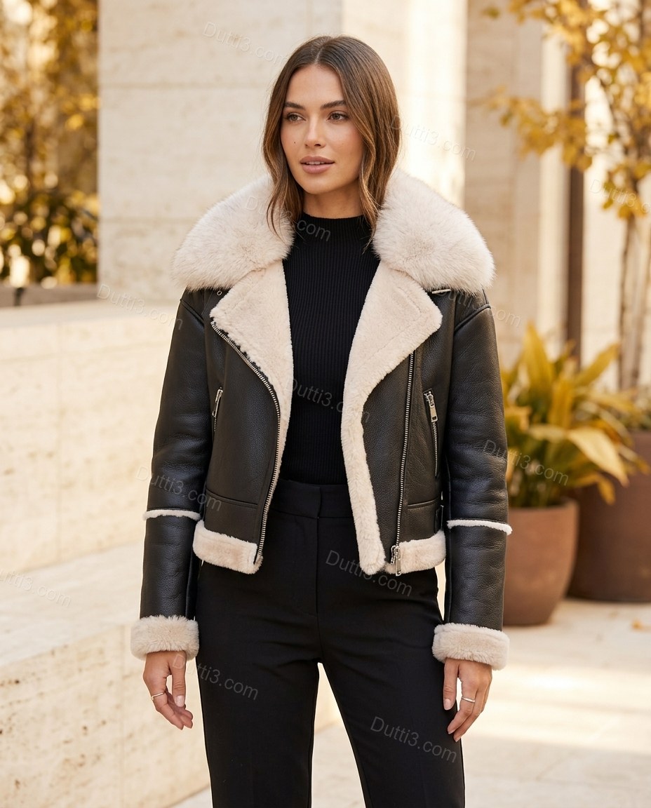 Black City-Ready Fur-Trim Cropped Jacket Black Jacket with Asymmetric silhouette and Structured texture, front view product image for City Layering, a transitional city plan, Fall autumn city plans, dinner reservations, and weekend events, Euro Chic Premi by Dutti3