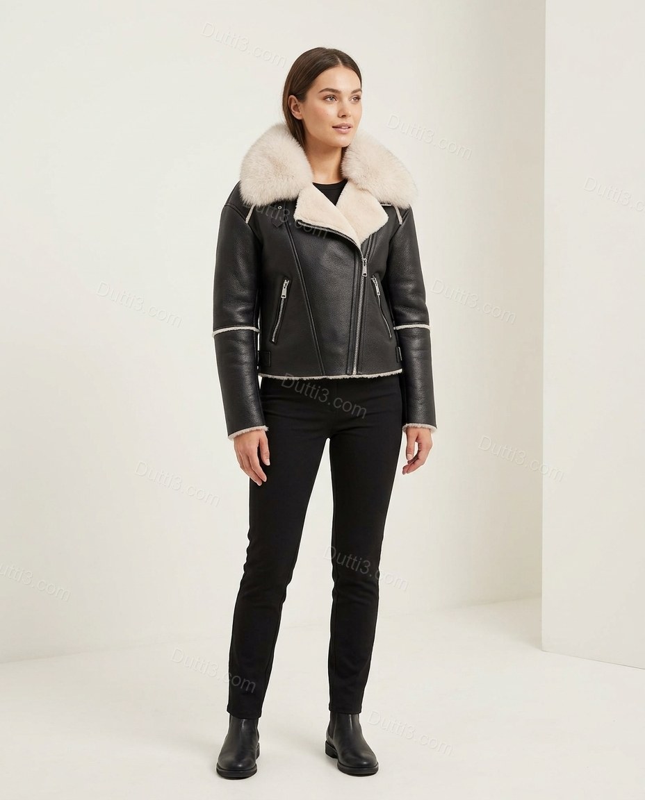 Black City-Ready Fur-Trim Cropped Jacket Black Jacket with Asymmetric silhouette and Structured texture, clean studio product view for City Layering, a transitional city plan, Fall autumn city plans, dinner reservations, and weekend events, Euro Chic Prem by Dutti3