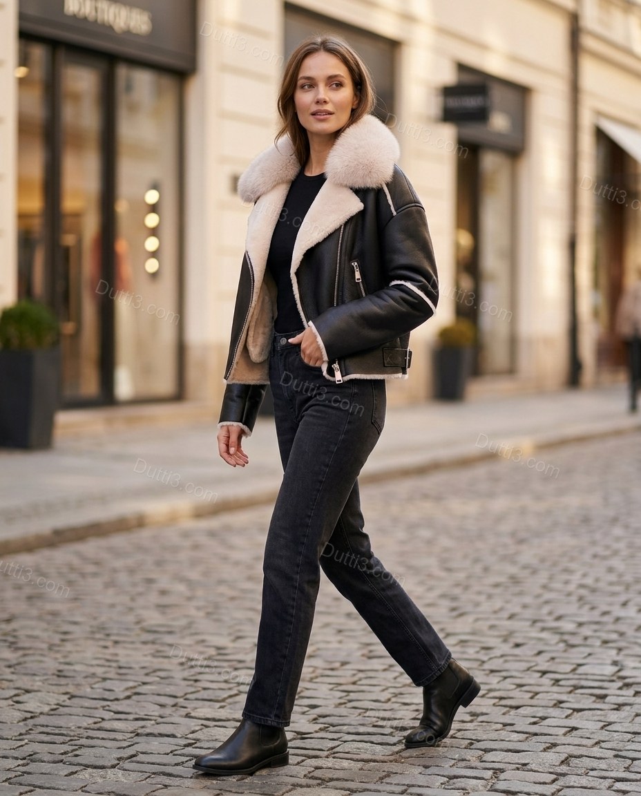 Black City-Ready Fur-Trim Cropped Jacket Black Jacket with Asymmetric silhouette and Structured texture, lifestyle scene image for City Layering, a transitional city plan, Fall autumn city plans, dinner reservations, and weekend events, Euro Chic Premium by Dutti3