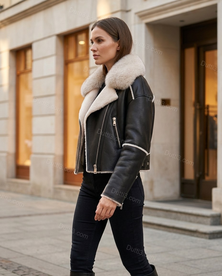 Black City-Ready Fur-Trim Cropped Jacket Black Jacket with Asymmetric silhouette and Structured texture, editorial ecommerce scene for City Layering, a transitional city plan, Fall autumn city plans, dinner reservations, and weekend events, Euro Chic Prem by Dutti3