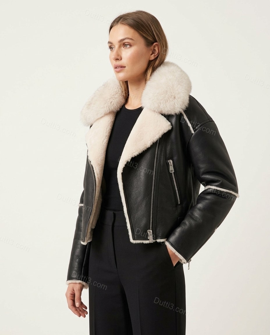 Black City-Ready Fur-Trim Cropped Jacket Black Jacket with Asymmetric silhouette and Structured texture, side or back garment view for City Layering, a transitional city plan, Fall autumn city plans, dinner reservations, and weekend events, Euro Chic Prem by Dutti3