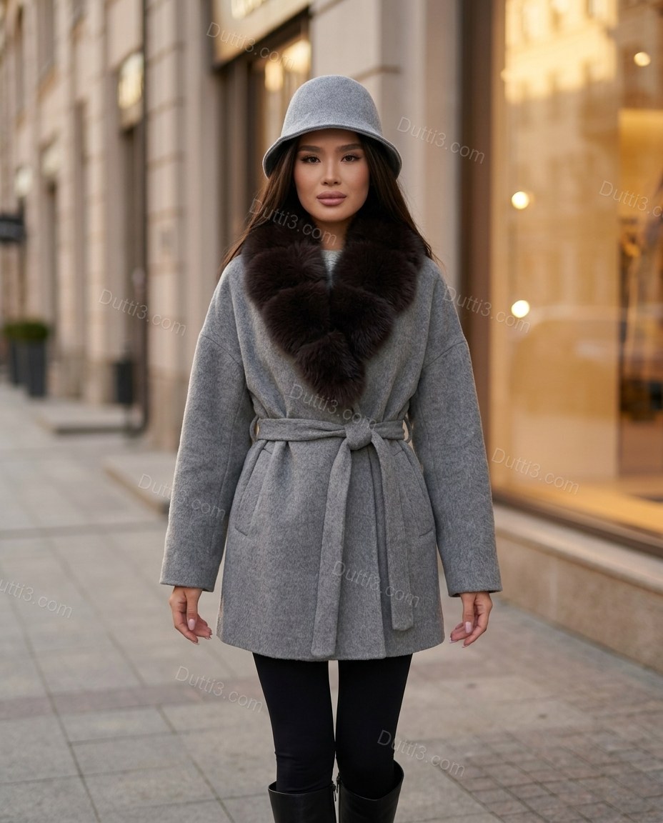Grey Faux-Fur Coat, three-quarter brand lifestyle view, by Dutti3