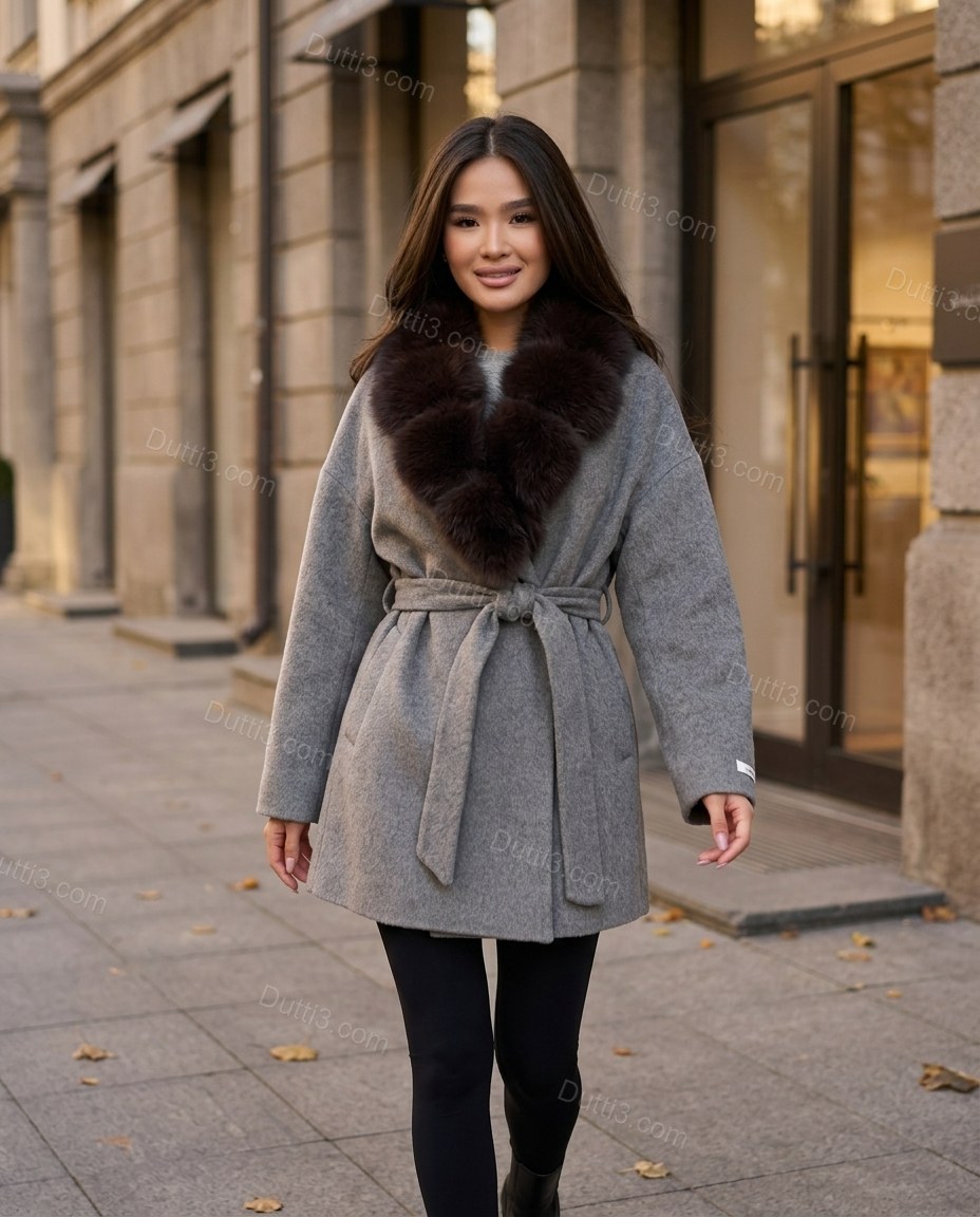Grey Faux-Fur Coat, movement and fit lifestyle view, by Dutti3
