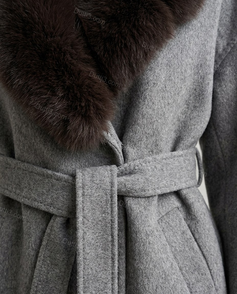 Grey Faux-Fur Coat, close-up of dark brown accents, self-tie belt and side pockets, by Dutti3