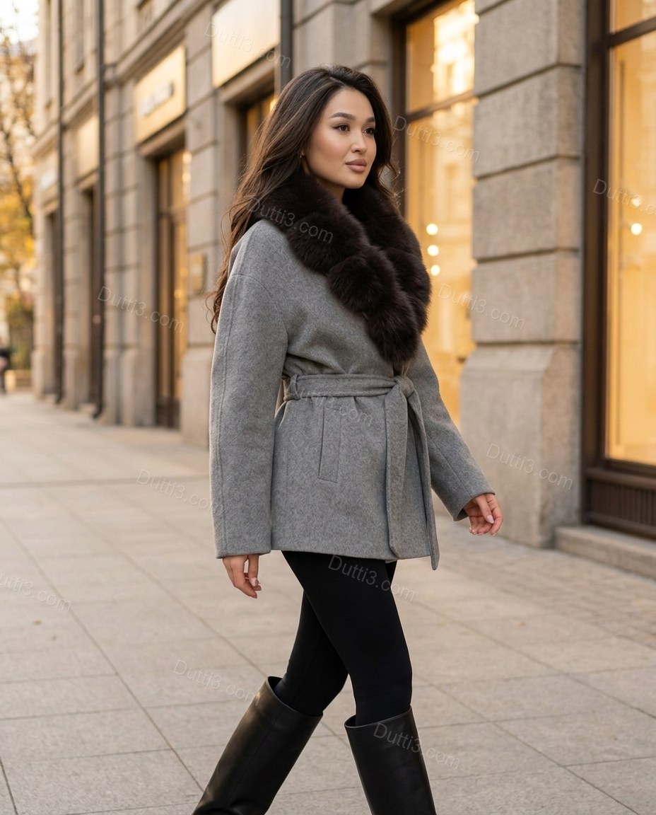 Grey Faux-Fur Coat, walking lifestyle view, by Dutti3