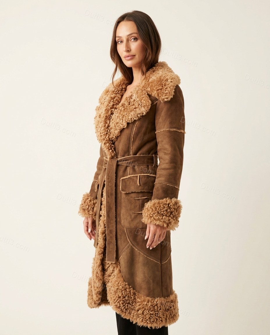Brown City-Ready Fur-Trim Belted Coat Brown Coat with Longline silhouette and Suede texture, side or back garment view for City Layering, a polished weekend event, Fall autumn city plans, dinner reservations, and weekend events, US Coastal Glam by Dutti3