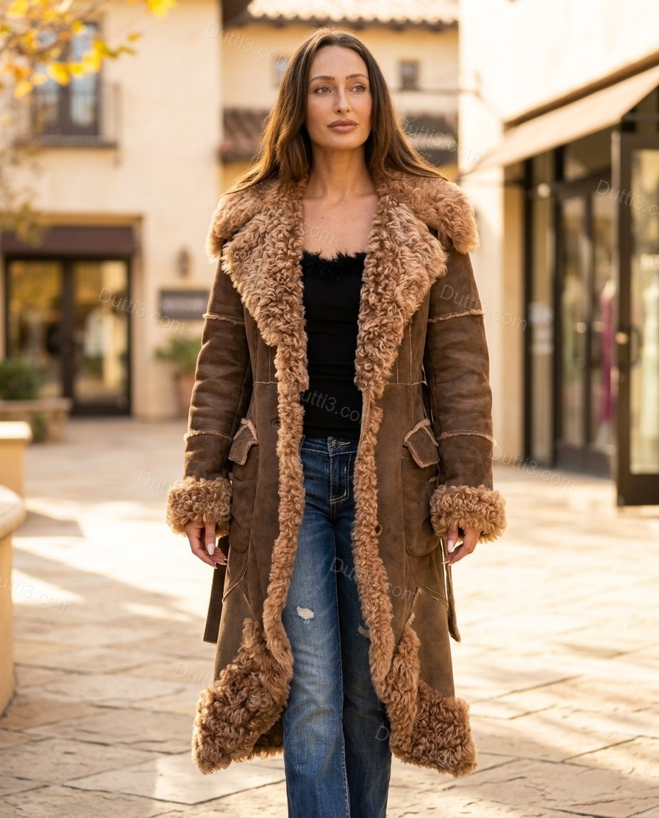 Brown City-Ready Fur-Trim Belted Coat Brown Coat with Longline silhouette and Suede texture, editorial ecommerce scene for City Layering, a polished weekend event, Fall autumn city plans, dinner reservations, and weekend events, US Coastal Glam by Dutti3