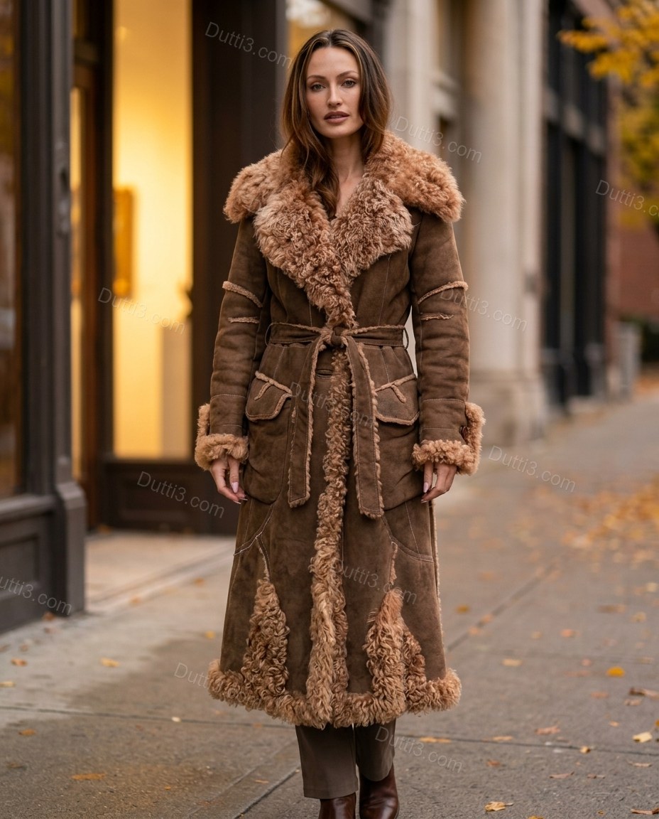 Brown City-Ready Fur-Trim Belted Coat Brown Coat with Longline silhouette and Suede texture, fabric and construction detail for City Layering, a polished weekend event, Fall autumn city plans, dinner reservations, and weekend events, US Coastal Glam by Dutti3